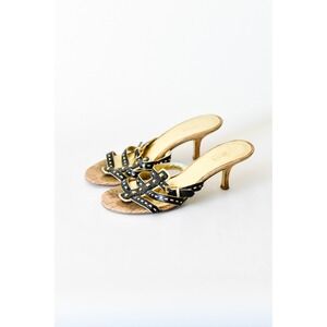 Guess by Marciano Black Gold Studded Kitten Heel Sandals Cork Slides 7M